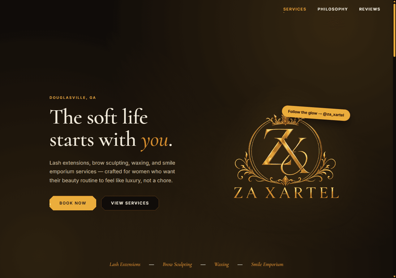Captura de pantalla del sitio web de Za Xartel Beauty Lounge, hecho por Useful Geeks