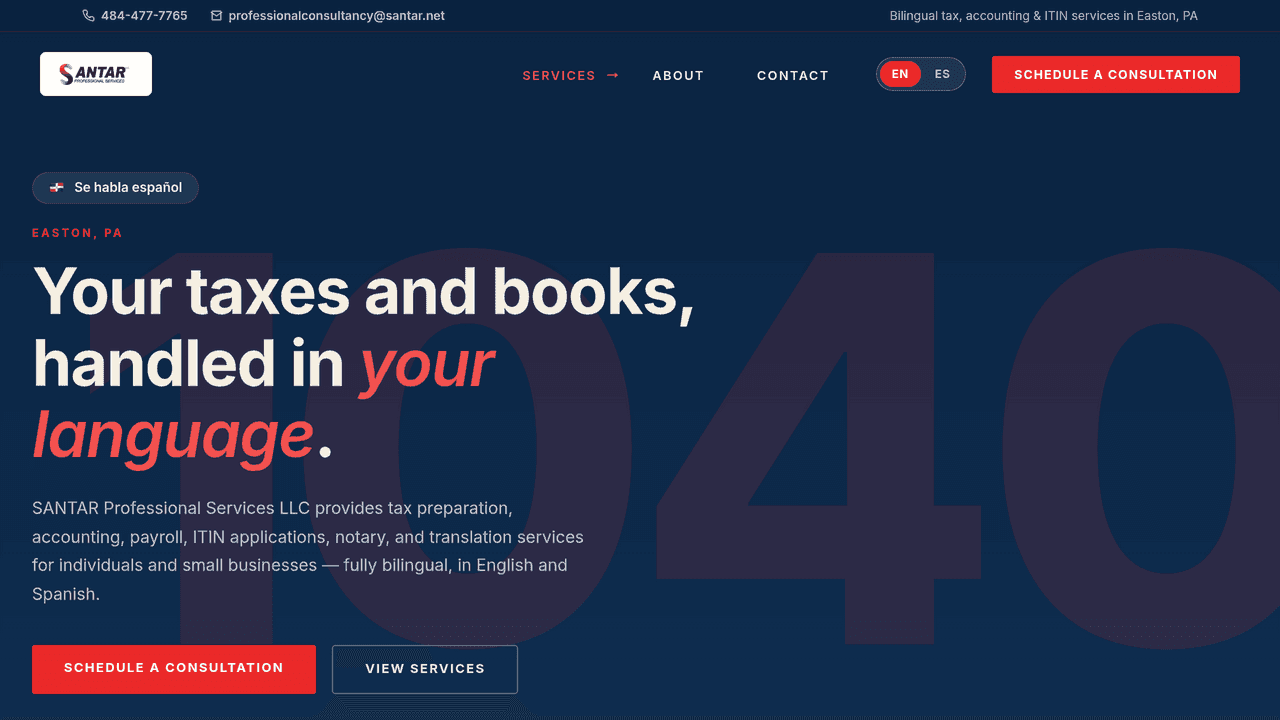 Screenshot of the SANTAR Professional Services website, built by Useful Geeks